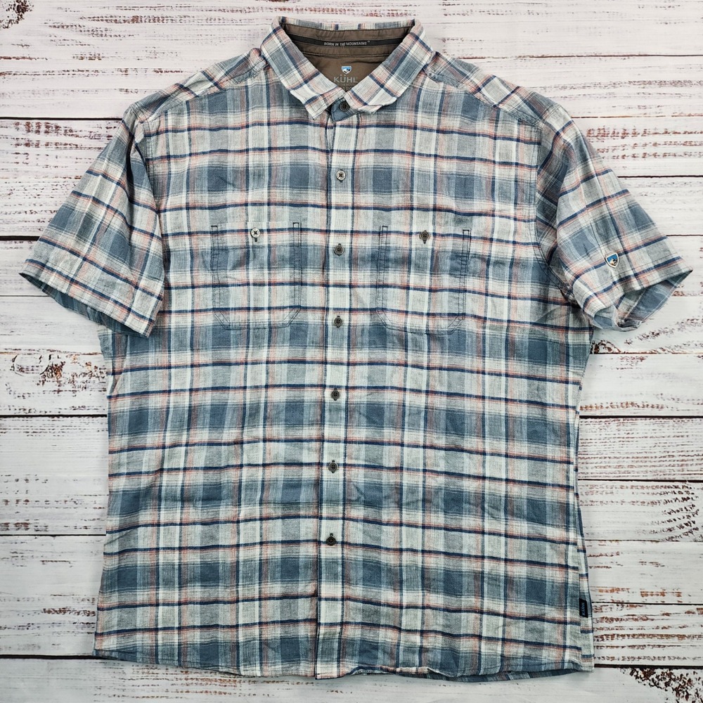 Kuhl Skorpio Mens XL Blue Orange Plaid Linen Cotton Short Sleeve Shirt 7218